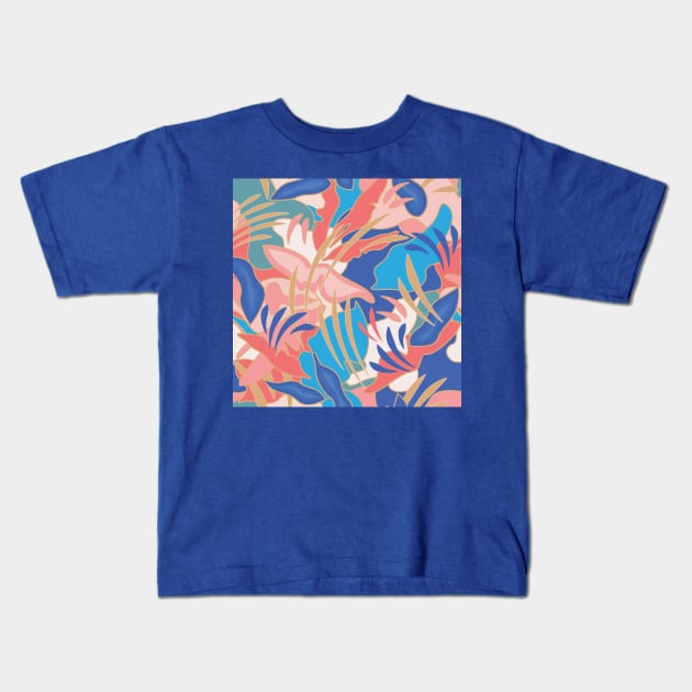 Abstract Tropical Plants / Blue, turquoise, coral Kids T-Shirt by matise